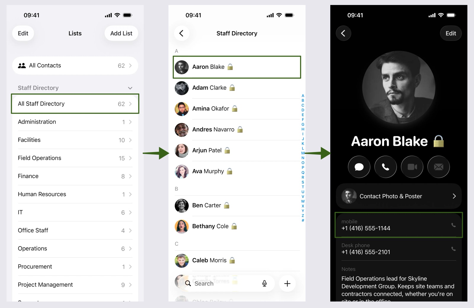 iPhone Contacts showing the Staff Directory list with 62 contacts, colleagues listed A to Z, and Aaron Blake's synced mobile number.