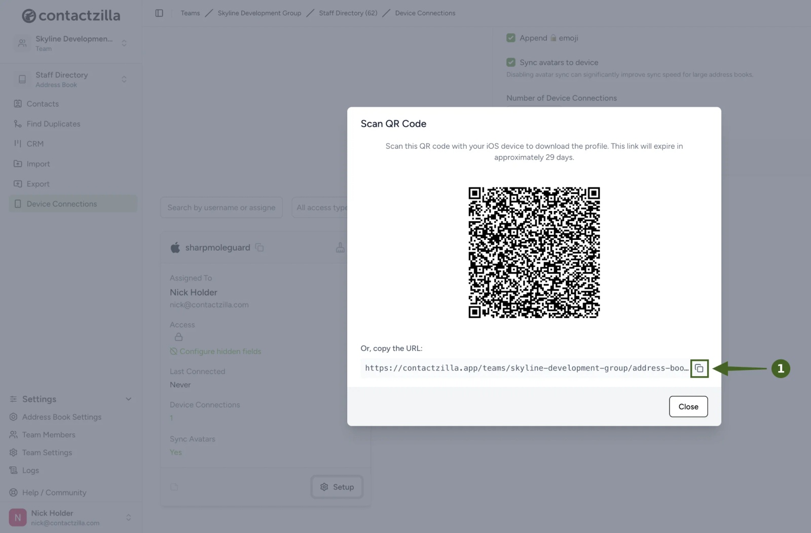 Contactzilla Scan QR Code window showing the QR code for an iOS device connection, a note on how long the link lasts, and the copy button next to the set-up URL highlighted.