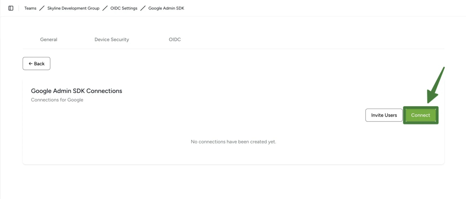 Contactzilla Google Admin SDK Connections page showing no existing connections and the Connect button highlighted to start authorising Google Workspace.