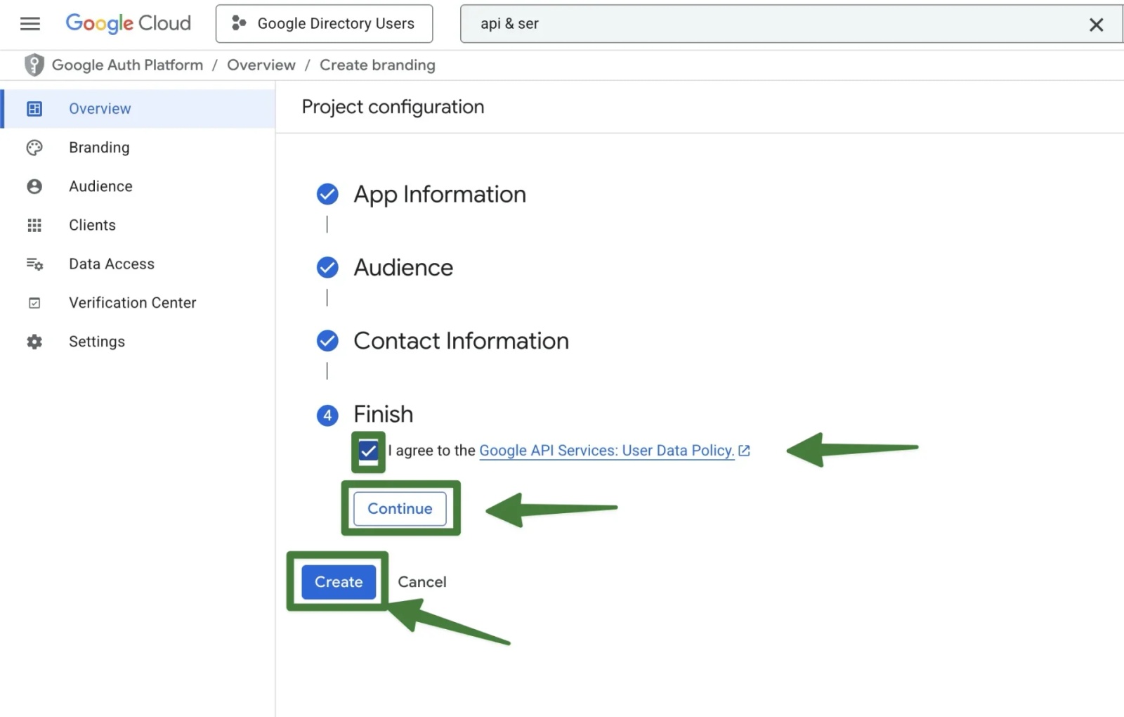 Google Cloud OAuth consent configuration final step with terms accepted and the Create button highlighted.