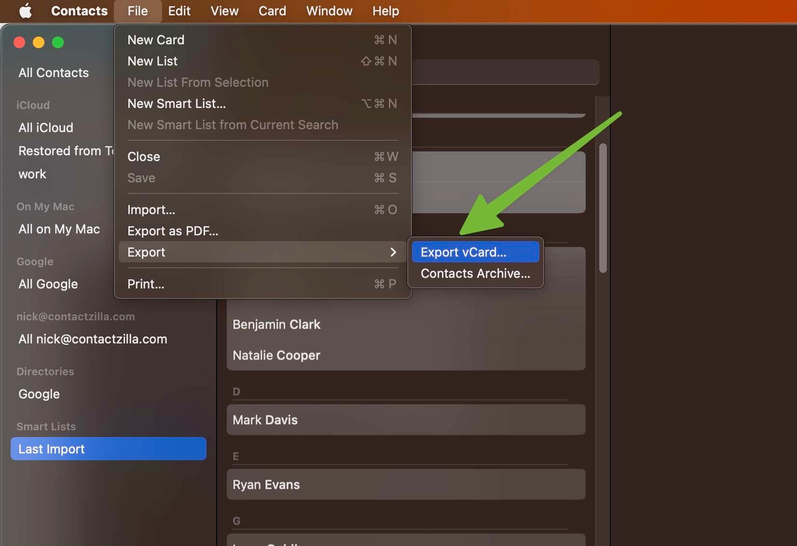 Export Contacts dialogue box where we can select to export to vCard.