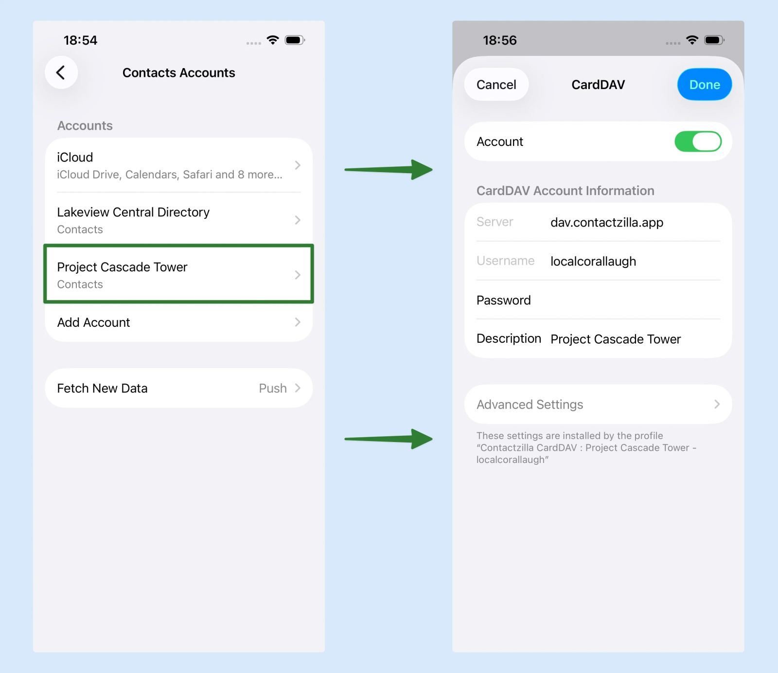 iPhone Contacts Accounts screen showing a CardDAV account and its server, username, password and description settings.