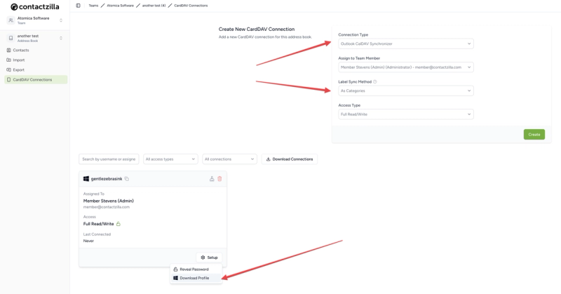Creating a Contactzilla CardDAV profile to use with Outlook.