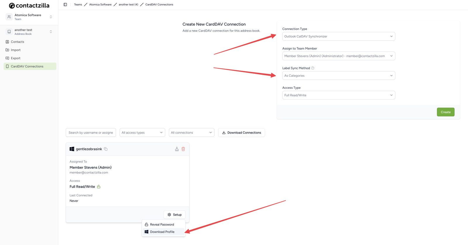 Creating a Contactzilla CardDAV profile to use with Outlook.