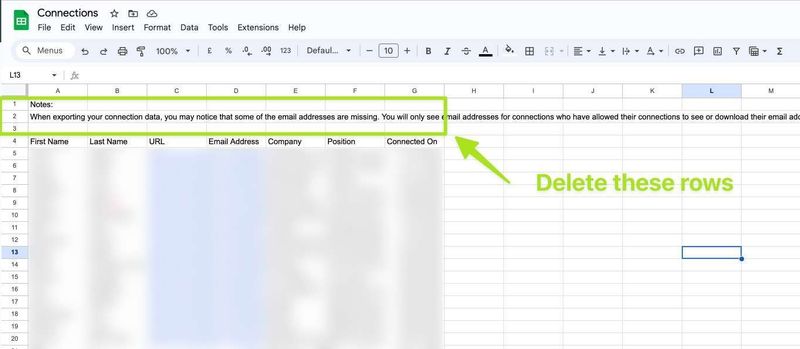 Deleting the notes section of the CSV to ensure the file works in other applications.