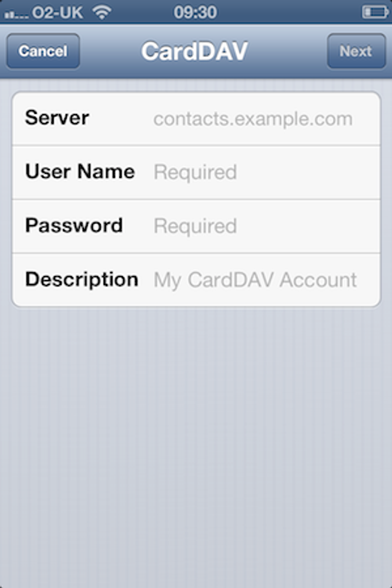 iPhone - Set up cardDAV account