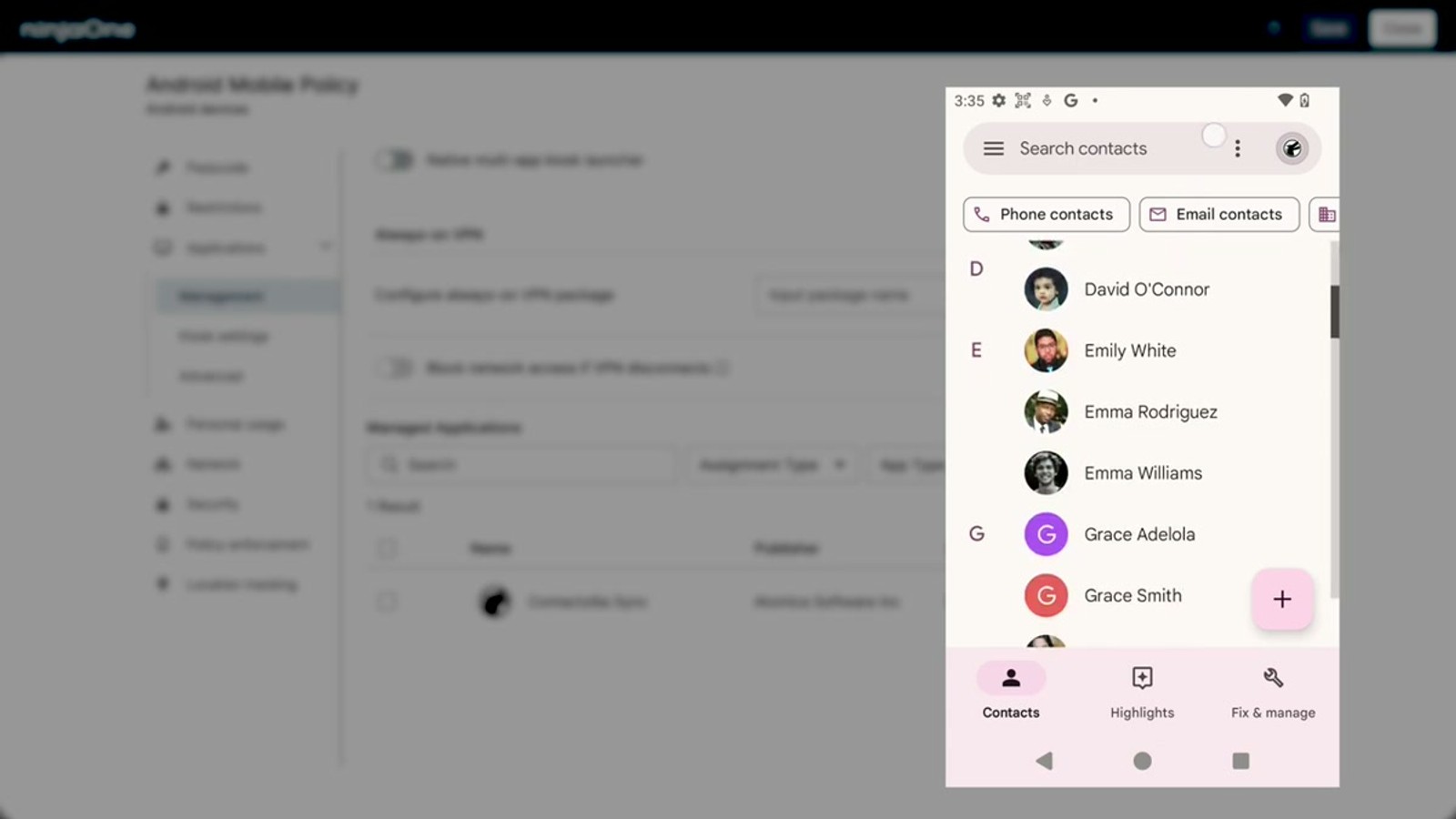 NinjaOne app configuration screen showing Assignment Type set to Force Installed and Default Permission Policy set to Grant