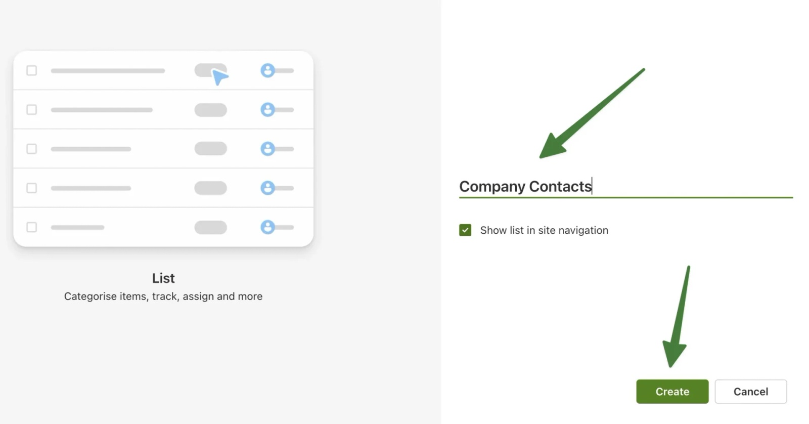 SharePoint create new list screen with Company Contacts entered as list name and Show list in site navigation checkbox enabled