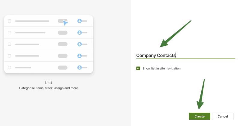 SharePoint create new list screen with Company Contacts entered as list name and Show list in site navigation checkbox enabled