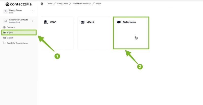 Import screen in Contactzilla showing import options with Salesforce selected.