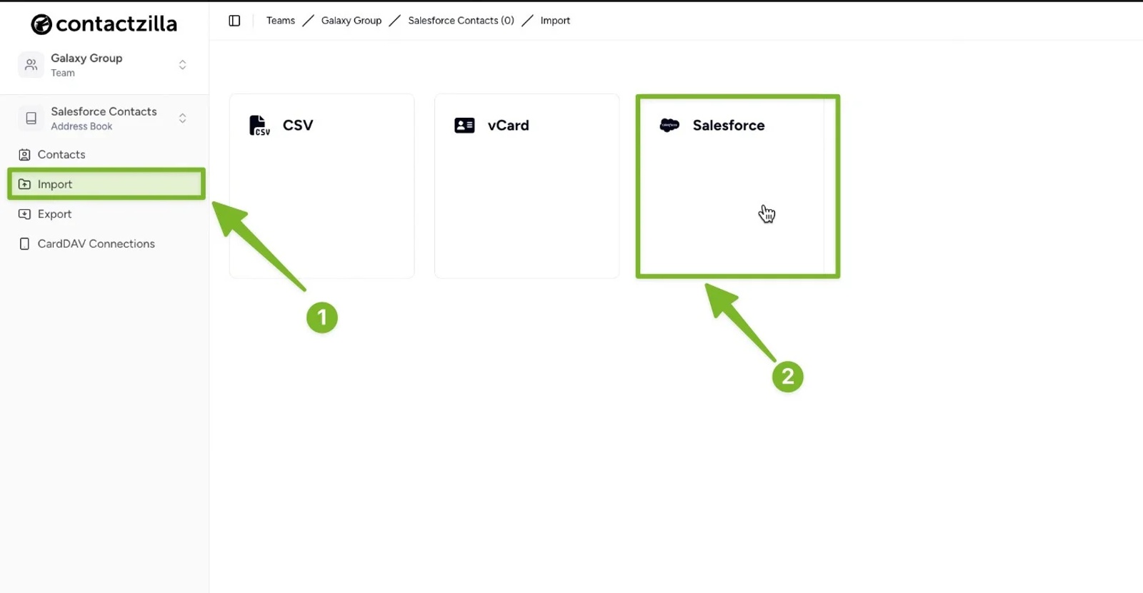 Import screen in Contactzilla showing import options with Salesforce selected.