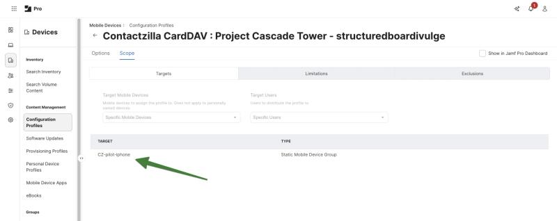 Jamf Pro Scope tab preview showing the CZ-pilot-iPhone group listed as the target for the Contactzilla CardDAV configuration profile.