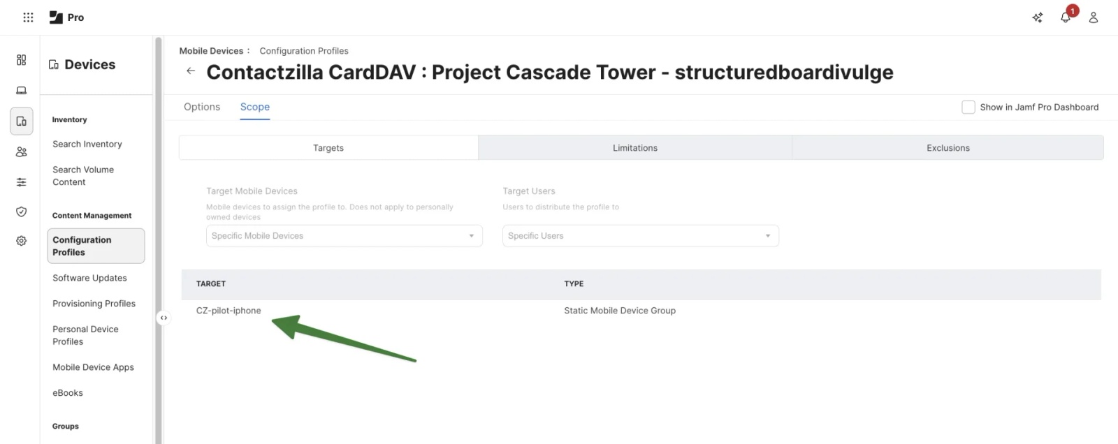 Jamf Pro Scope tab preview showing the CZ-pilot-iPhone group listed as the target for the Contactzilla CardDAV configuration profile.
