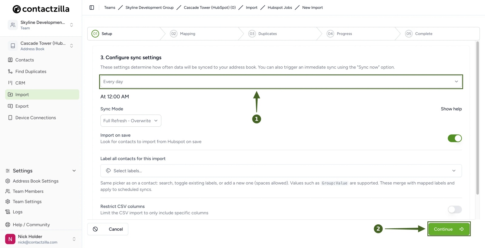 Contactzilla HubSpot sync settings with the Every day schedule selected and the Continue button highlighted