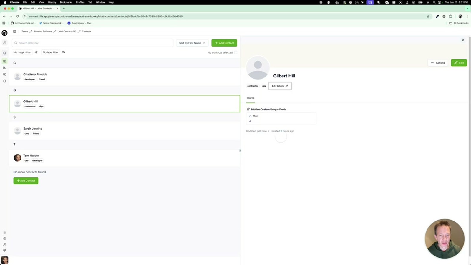 Contactzilla filter showing match all mode with CEO and Developer labels selected