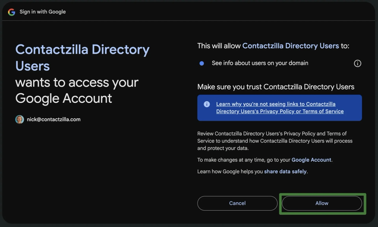 Google OAuth approval screen requesting permission for Contactzilla Directory Users to access directory user information.