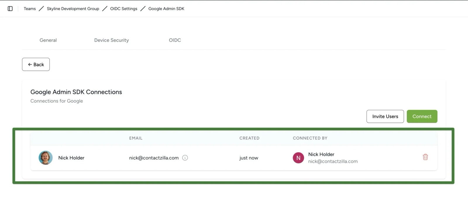 Contactzilla Google Admin SDK Connections list showing a successful connection with the authenticated user’s details.