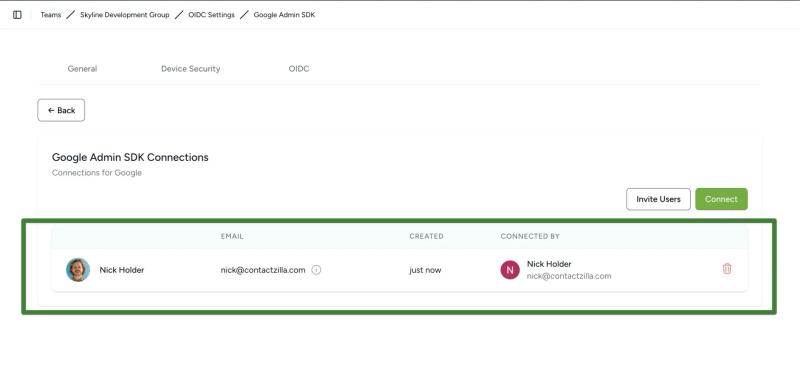 Contactzilla Google Admin SDK Connections list showing a successful connection with the authenticated user’s details.