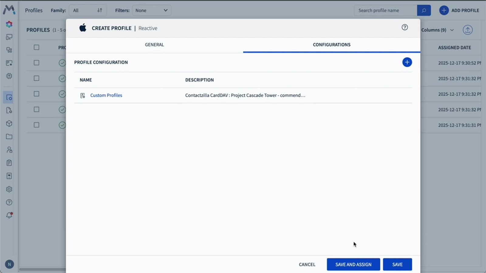 SOTI MobiControl custom profile configuration with the Contactzilla mobileconfig XML content pasted in