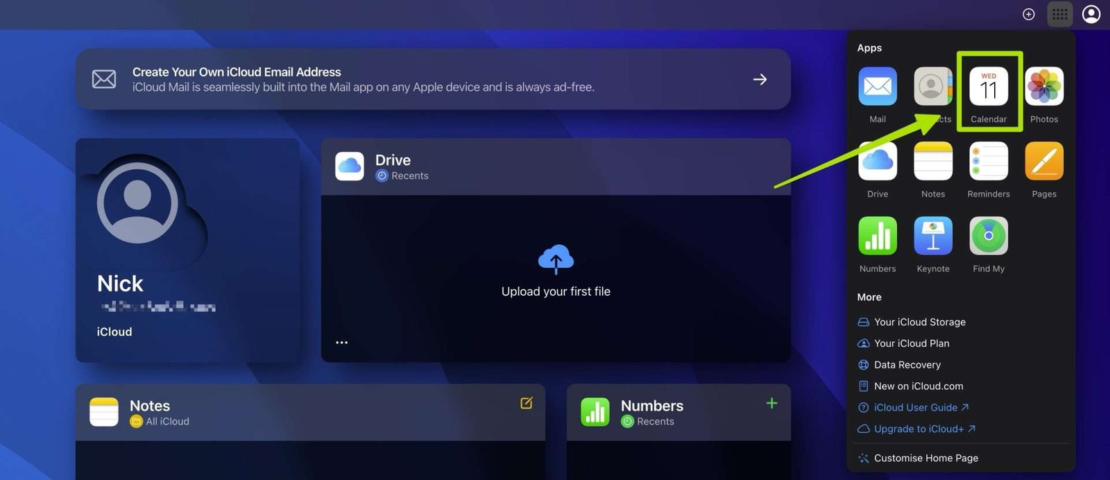 Selecting Calendar from the iCloud dashboard.