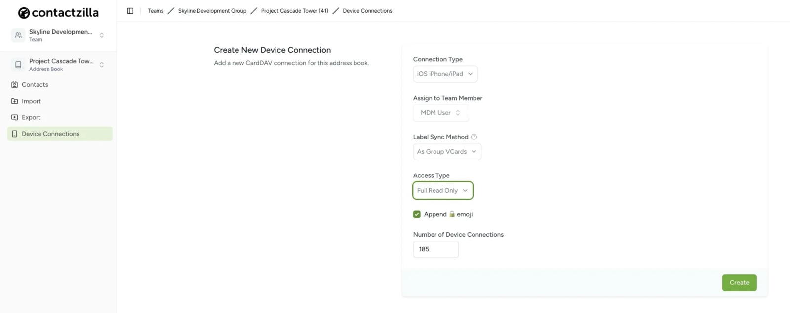 Contactzilla CardDAV device connection settings showing Full Read Only access type with lock emoji enabled for MaaS360 deployment.
