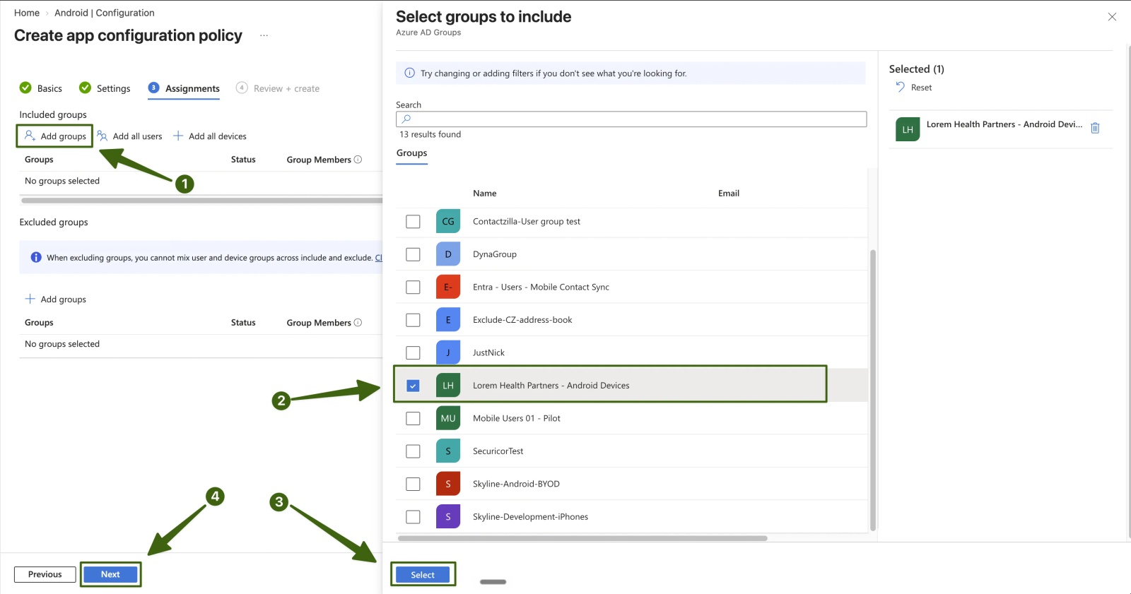 Intune app configuration policy Assignments tab: Add groups (1), the Lorem Health Partners Android Devices group ticked (2), Select (3) and Next (4)