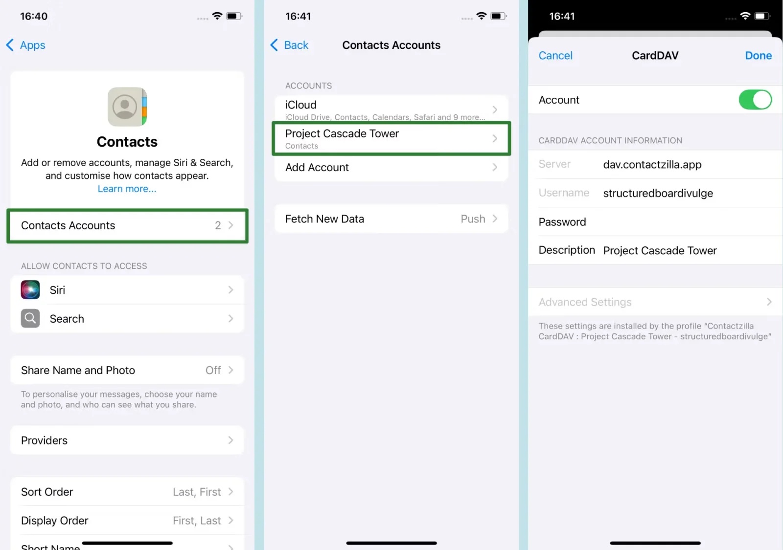 iPhone Settings showing the Contacts Accounts list with the CardDAV account listed and its account details, including the dav.contactzilla.app server address.