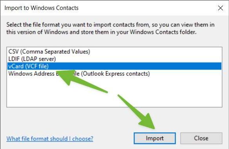 Export contacts dialogue box in Google Contacts.