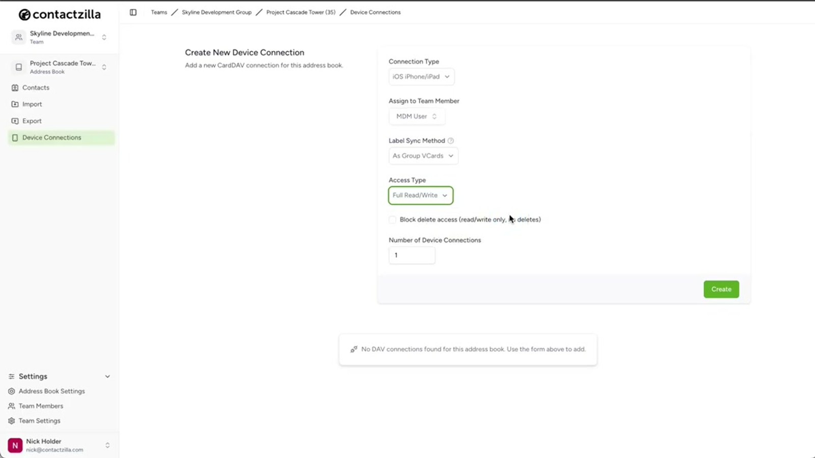 Contactzilla device connection setup showing access level options including read-only and selective read-only with label selection
