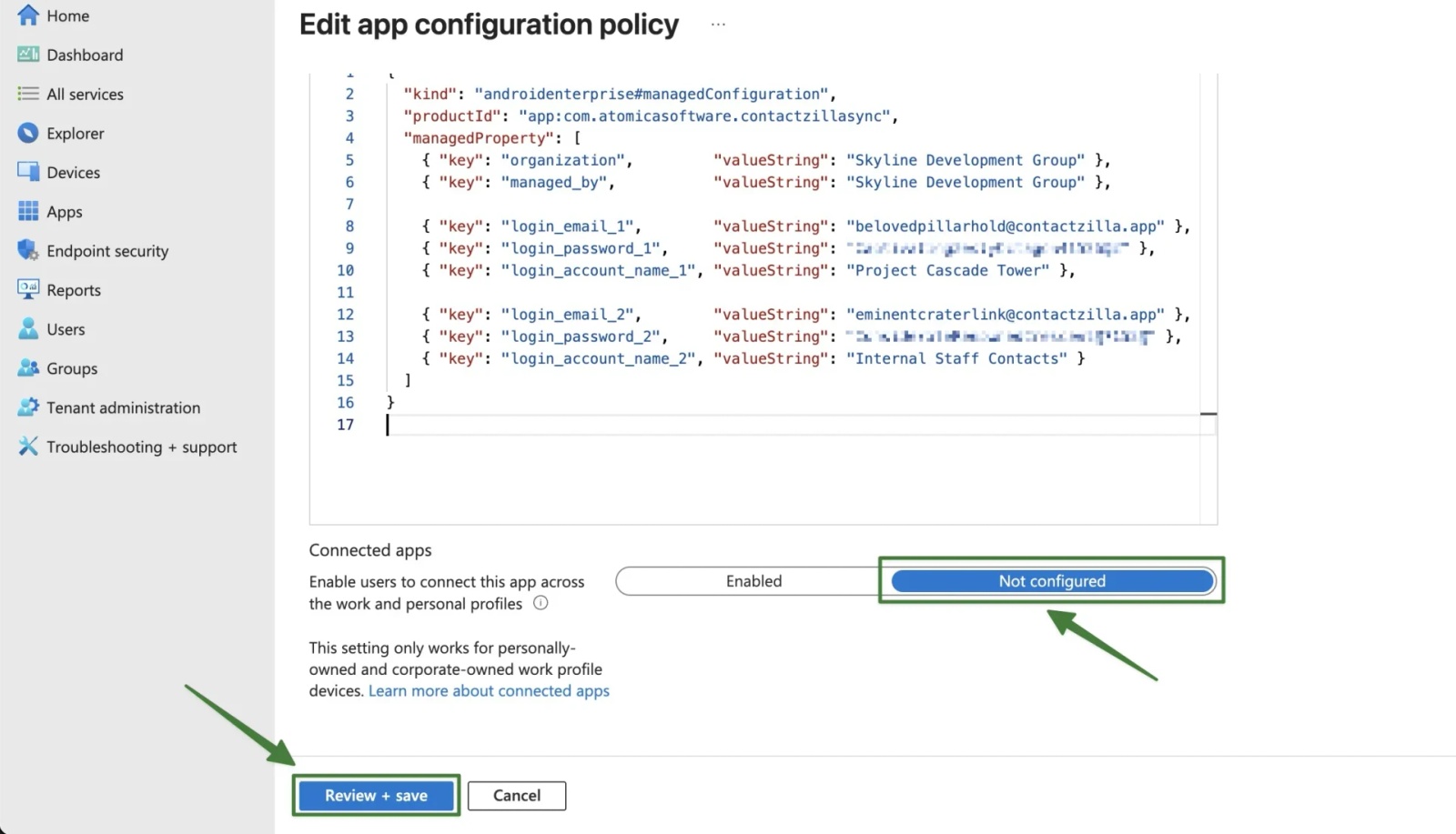 Intune JSON editor showing merged Contactzilla entries for two address books; ‘Connected apps’ set to Not configured and ‘Review + save’ highlighted.