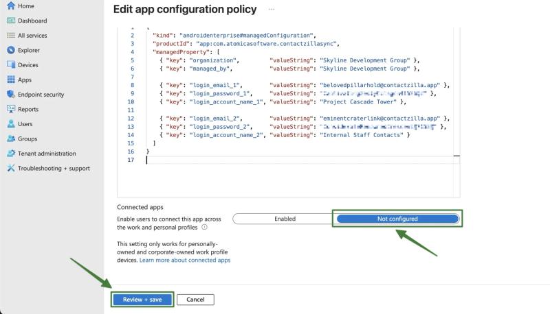 Intune JSON editor showing merged Contactzilla entries for two address books; ‘Connected apps’ set to Not configured and ‘Review + save’ highlighted.