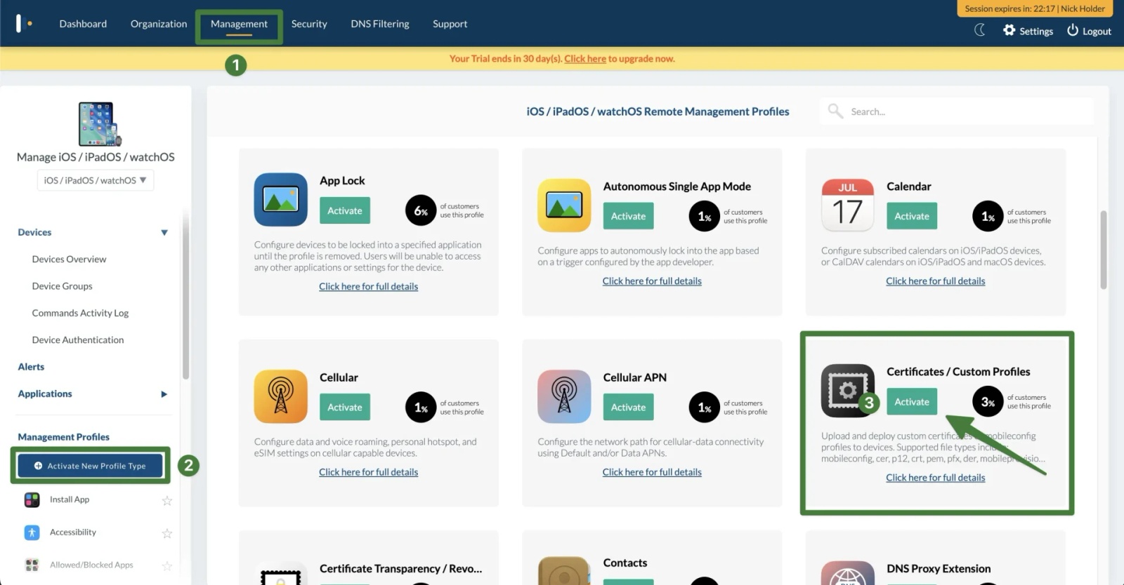 Enable Certificates / Custom Profiles in Mosyle Management to allow uploading Contactzilla mobile config files for iOS devices.