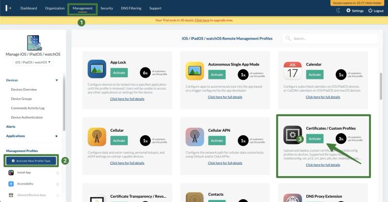 Enable Certificates / Custom Profiles in Mosyle Management to allow uploading Contactzilla mobile config files for iOS devices.