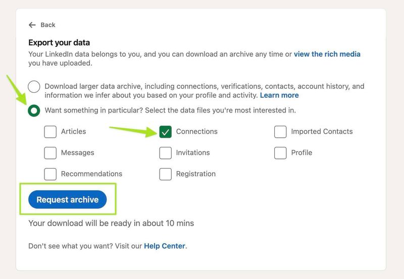 Screenshot showing how to request your Connections data.