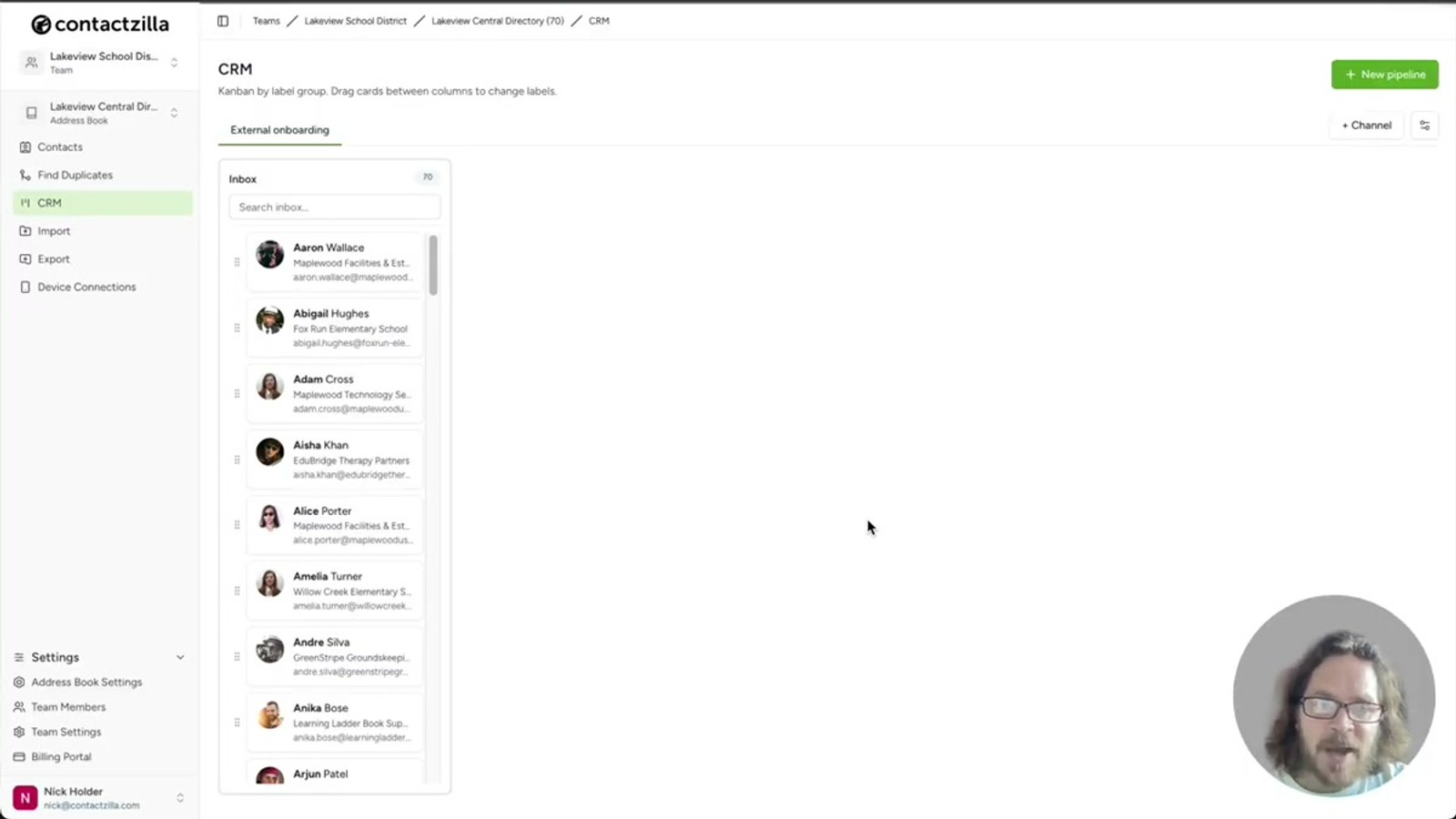 Four pipeline channels configured in the Contactzilla CRM view