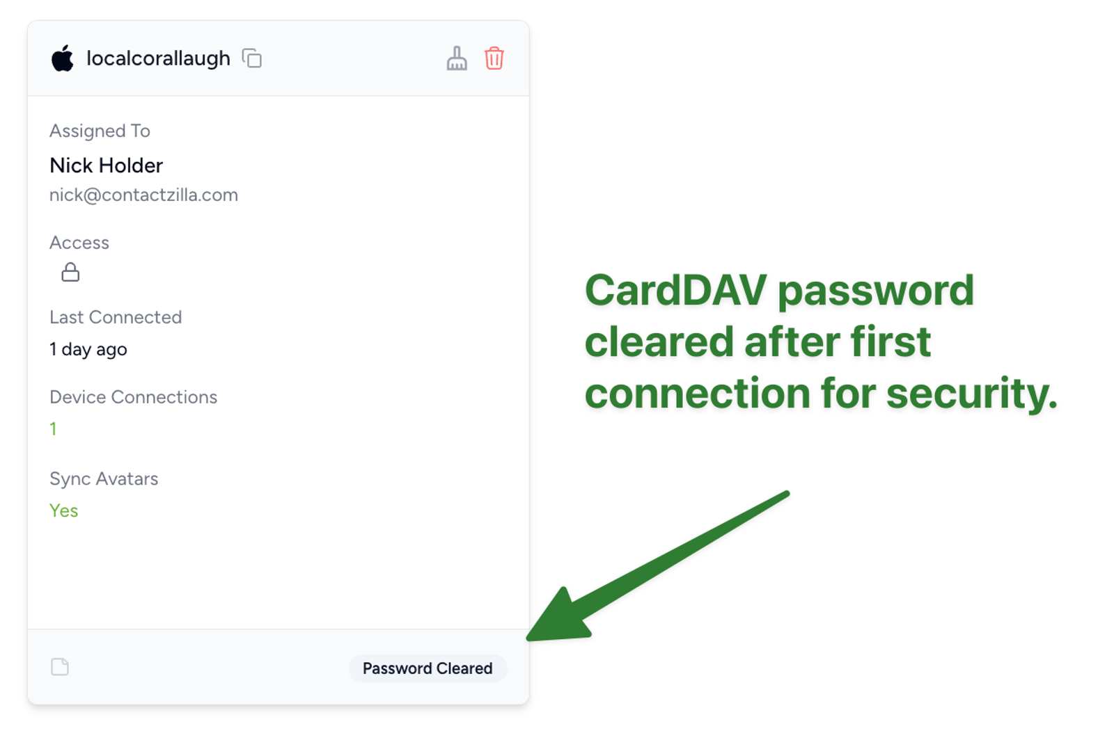 Contactzilla CardDAV connection screen showing that the generated password has been cleared after the first device connection.