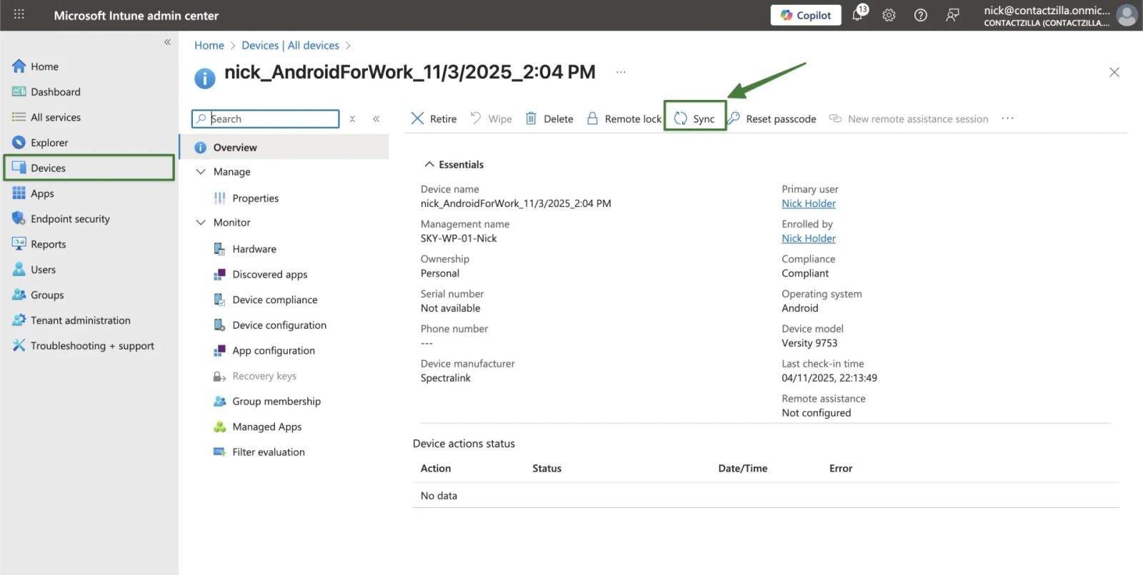 Intune device blade for an Android work-profile phone with the Sync action highlighted to push the new app configuration immediately.