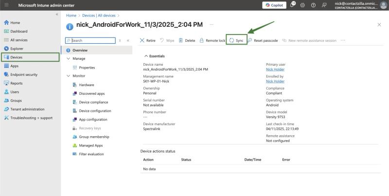 Intune device blade for an Android work-profile phone with the Sync action highlighted to push the new app configuration immediately.