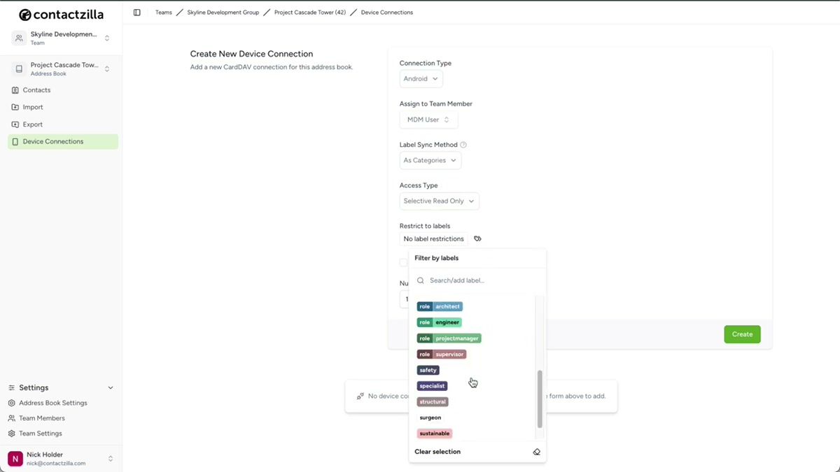 Contactzilla team members screen showing the MDM user creation form with device-only access option