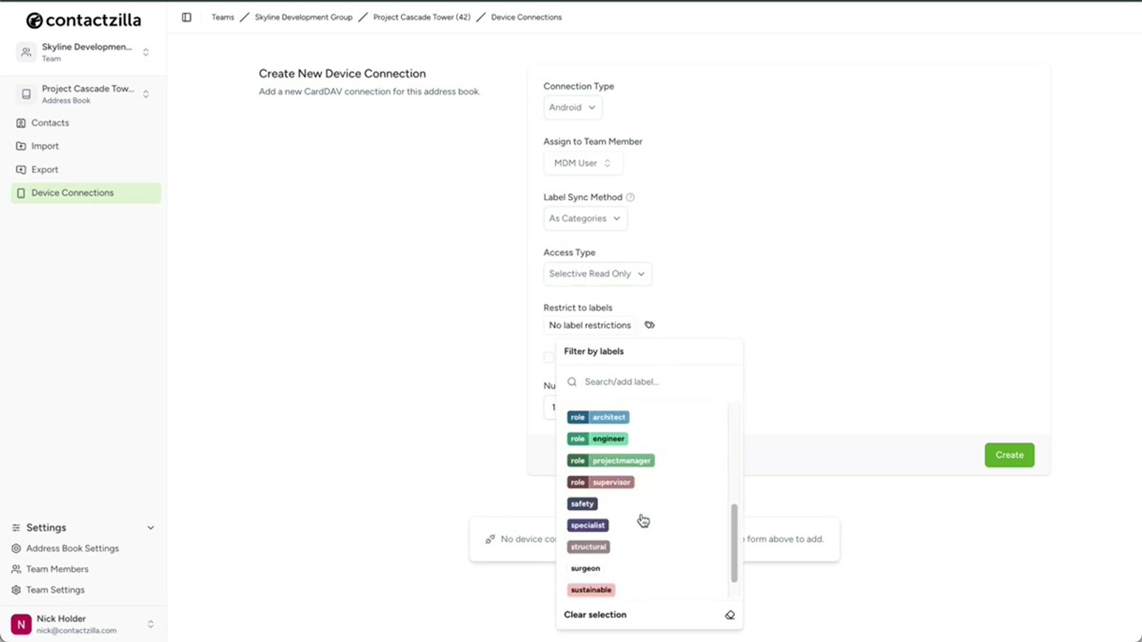 Contactzilla team members screen showing the MDM user creation form with device-only access option