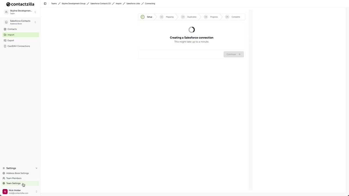 Contactzilla dashboard showing the creation of a new address book named Salesforce Contacts