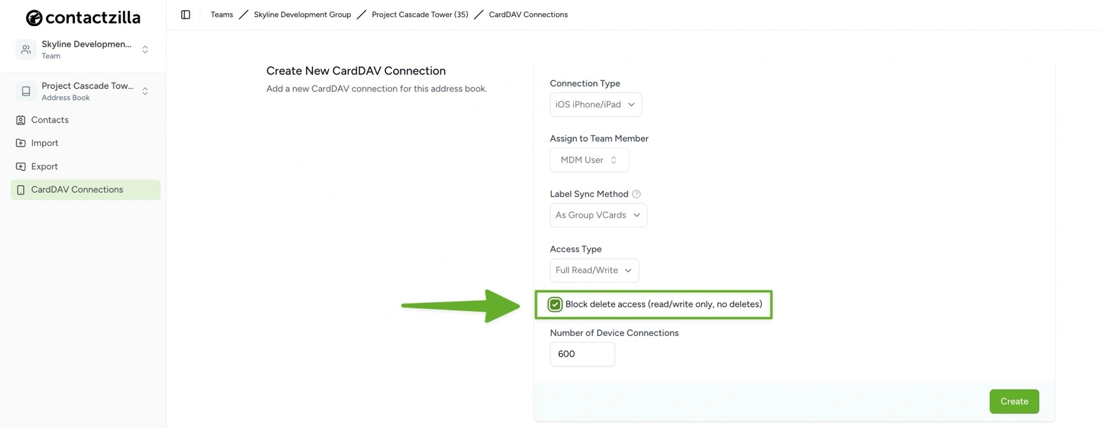 Contactzilla read/write permissions settings showing block delete access option to protect company contacts during Intune deployments.