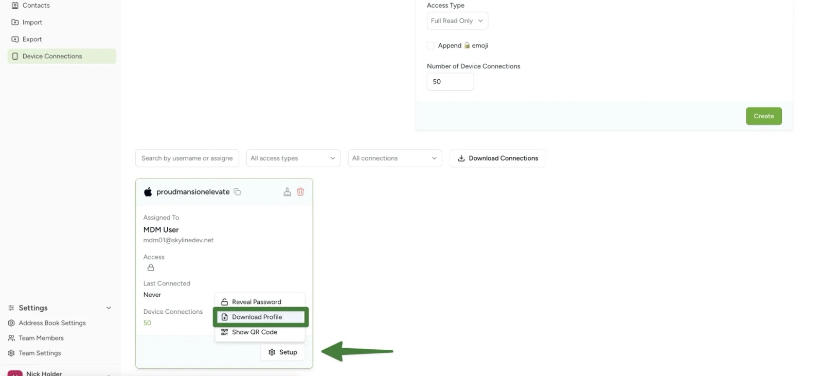 Download the Contactzilla mobile configuration file (.mobileconfig) from the Device Connections page for MDM deployment.
