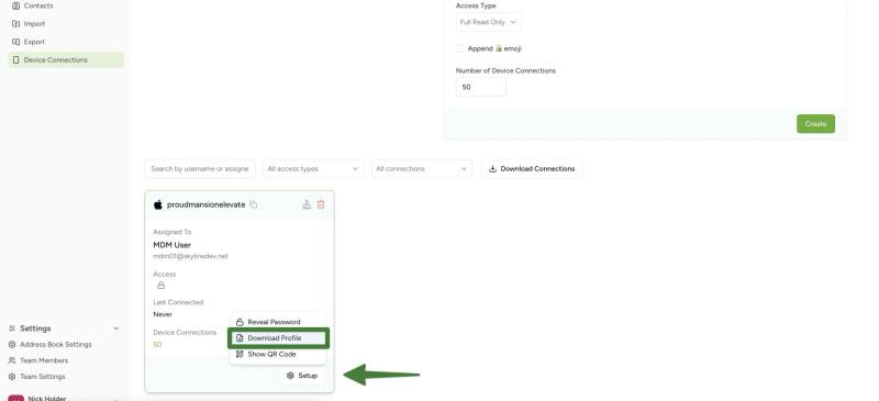 Download the Contactzilla mobile configuration file (.mobileconfig) from the Device Connections page for MDM deployment.