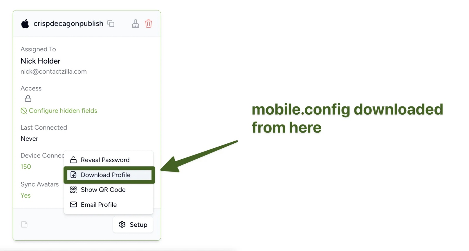 A Contactzilla device connection's menu open on Download Profile, the option that downloads the .mobileconfig file to upload to your MDM.