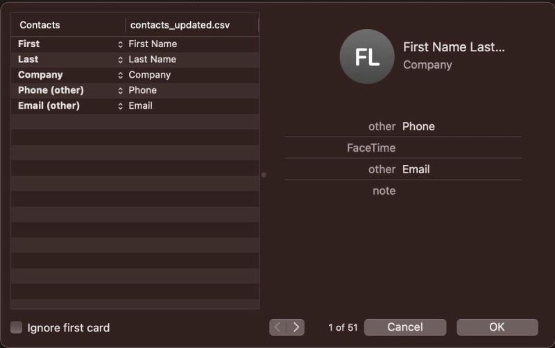 Google contacts contacts view after importing CSV. A list of contacts is shown with the export button in the top left.