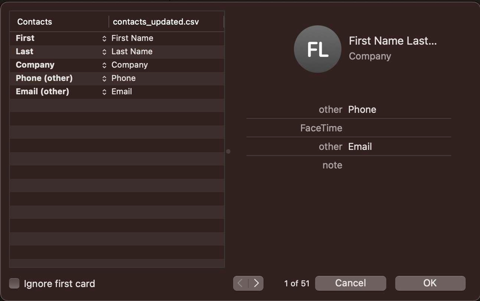 Google contacts contacts view after importing CSV. A list of contacts is shown with the export button in the top left.