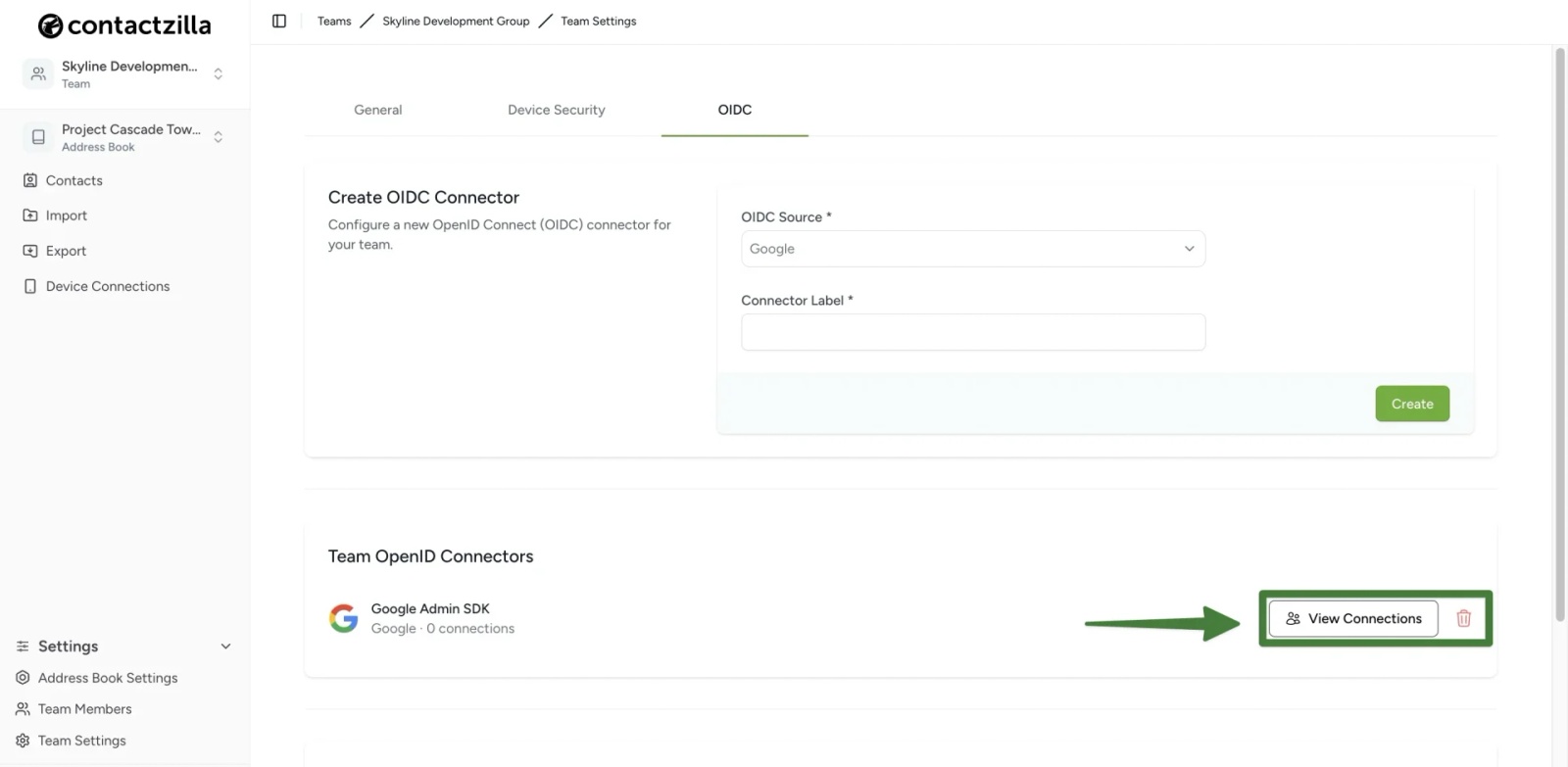Contactzilla Team Settings page listing the Google Admin SDK connector with the View Connections button highlighted.