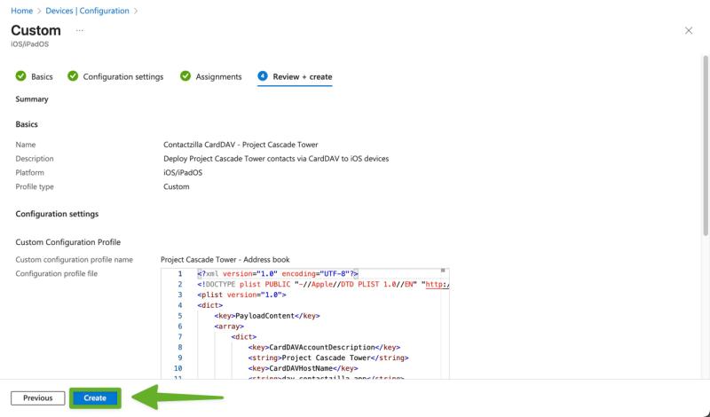 Microsoft Intune Review + Create tab showing the summary of a custom iOS CardDAV configuration profile before clicking Create.