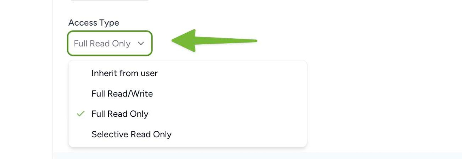 Dropdown from Contactzilla’s CardDAV setup showing the Access Type menu with “Full Read Only” selected and highlighted in green, illustrating Step 5: choosing a read-only access level.